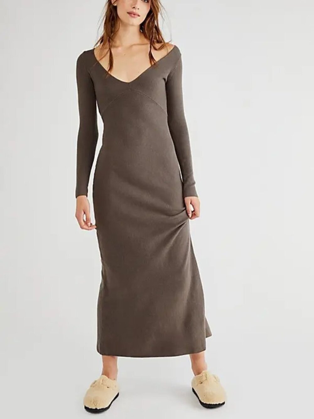 Free People FP Beach Trixie Sweater Ribbed Long Fitted Maxi Dress Dark Green SzM